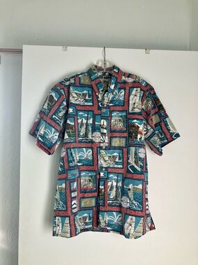 reyn spooner Teal & Red Nautical Print Short Sleeve Aloha Button-Down Shirt